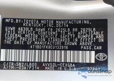 2014 Toyota Camry Hybrid Xle z USA, uszkodzony, nr VIN 4T1BD1FK8EU132916